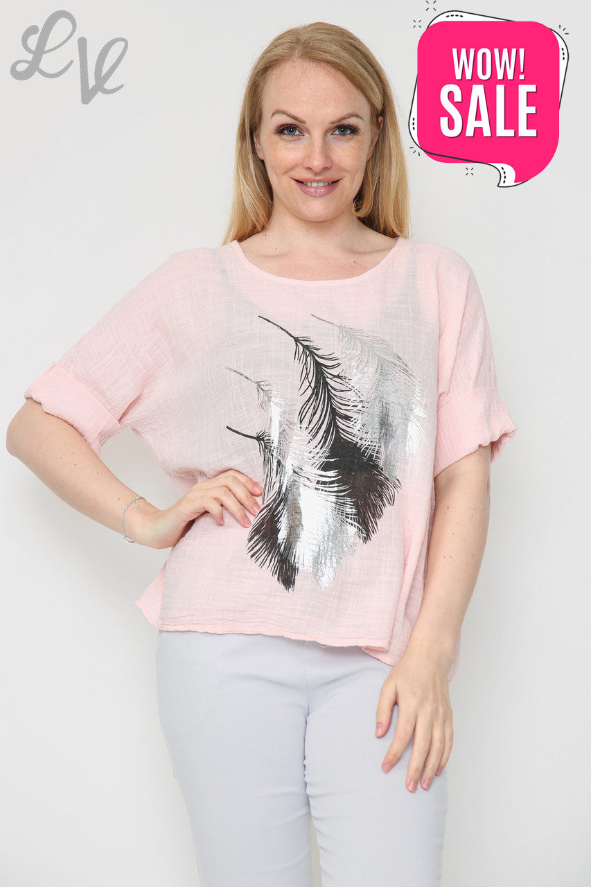 Ladies Foil Leaf Design Top Dusty Pink