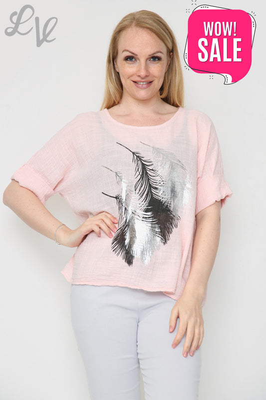 Ladies Foil Leaf Design Top Dusty Pink