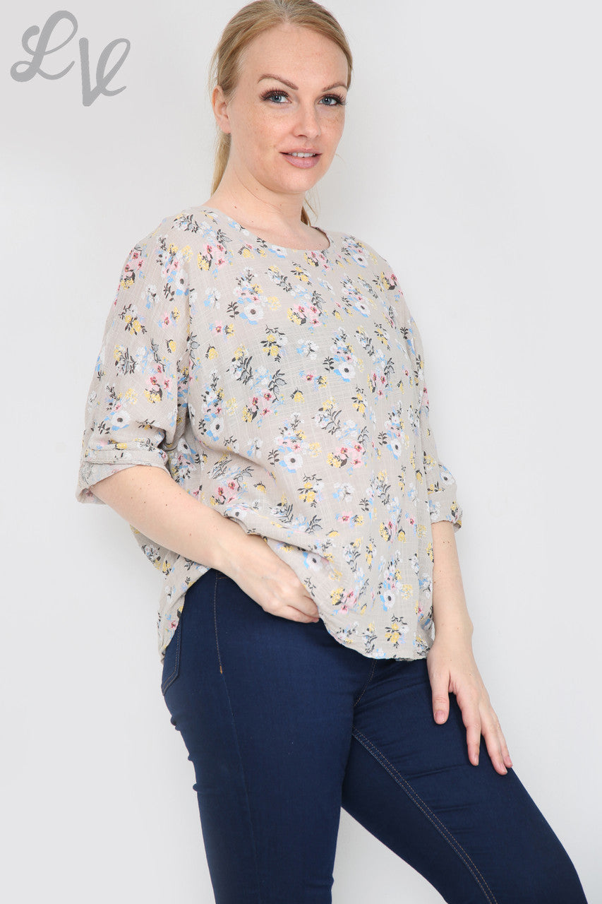 Dames top met bloemenprint en effen kleur Steen Stukprijs €7,99