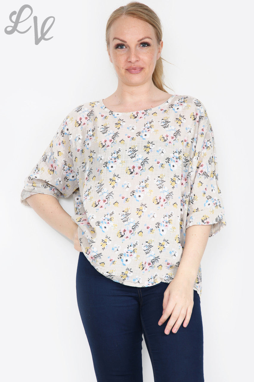 Dames top met bloemenprint en effen kleur Steen Stukprijs €7,99