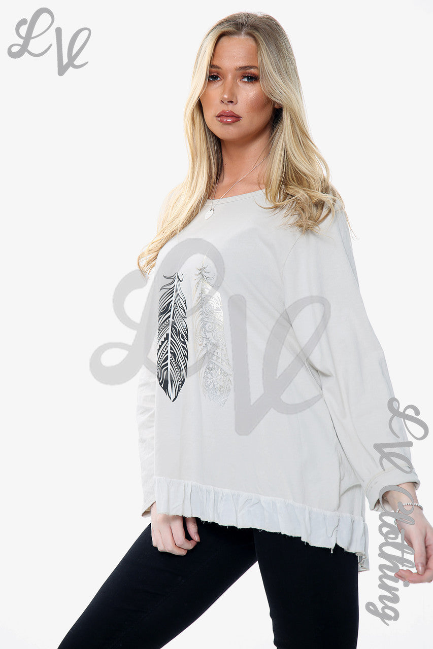 Dames top met verenprint in steenkleur Stukprijs WAS € 10,99 NU € 5,49