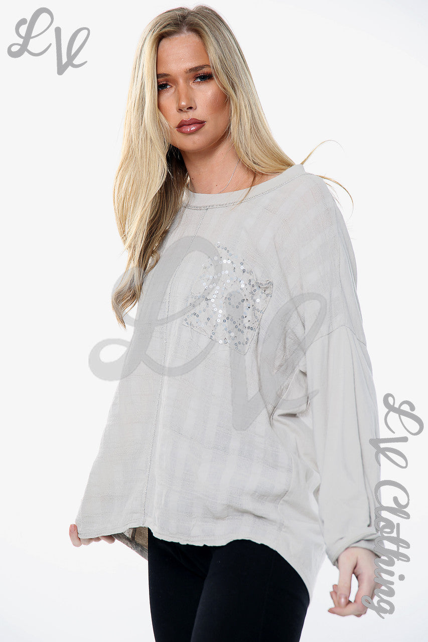 Dames Top met Pailletten en Geborduurde Zak Steengrijs Prijs per stuk £ 9,99