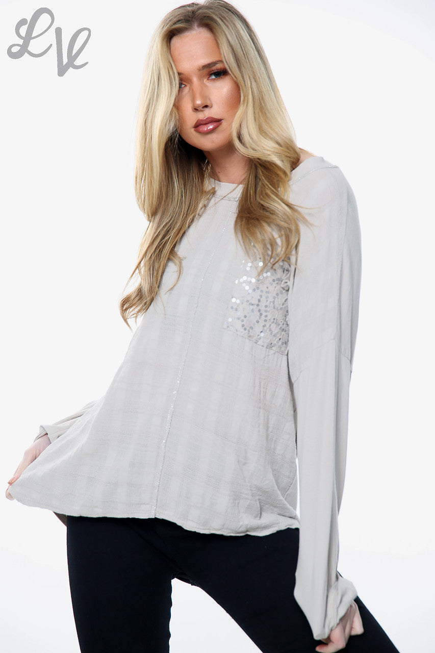 Dames Top met Pailletten en Geborduurde Zak Steengrijs Prijs per stuk £ 9,99