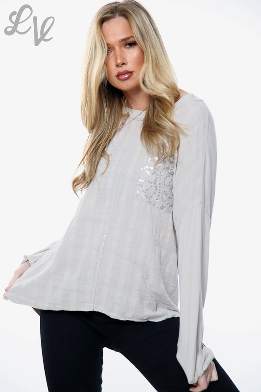 Ladies Sequin Embroidered Pocket Top Stone Unit Price £9.99