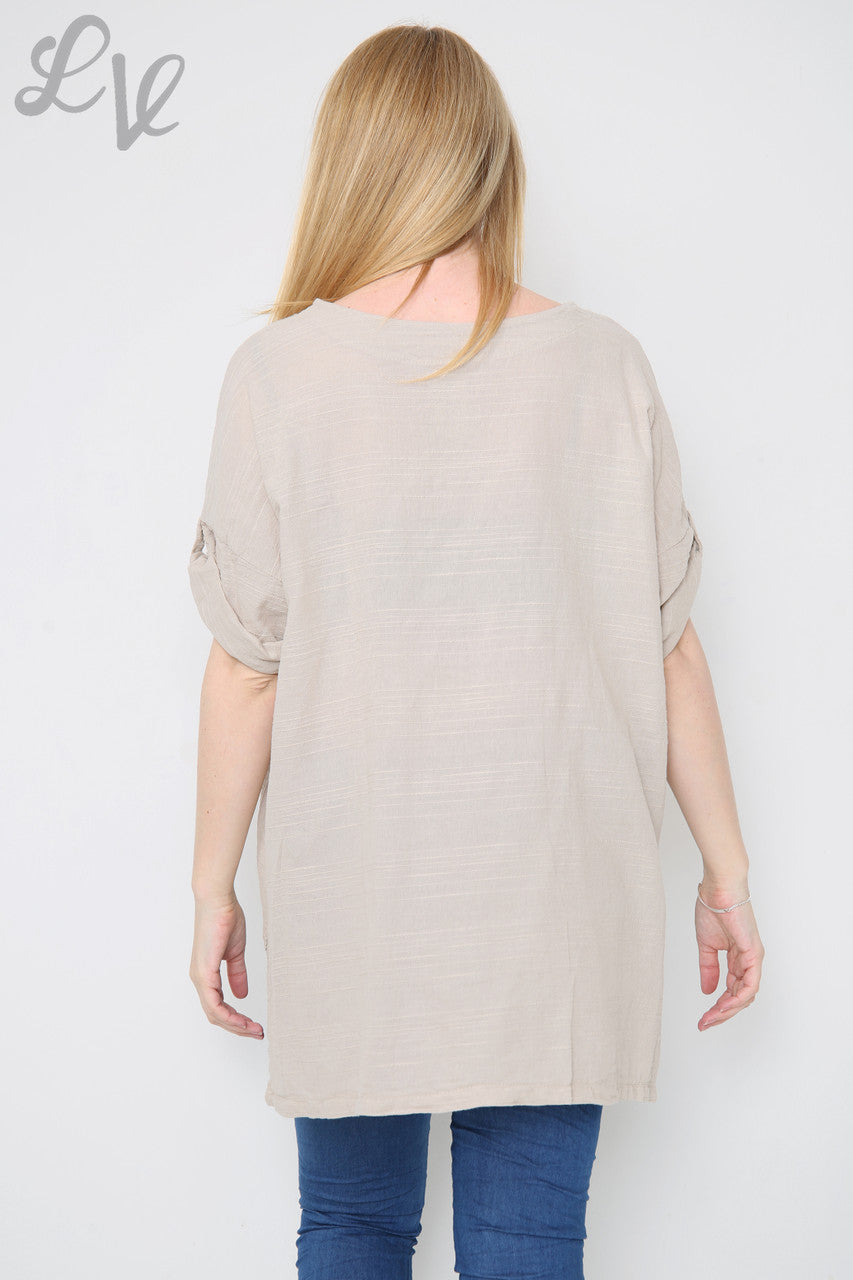 Dames linnen top met voorzak steen Eenheidsprijs € 9,99