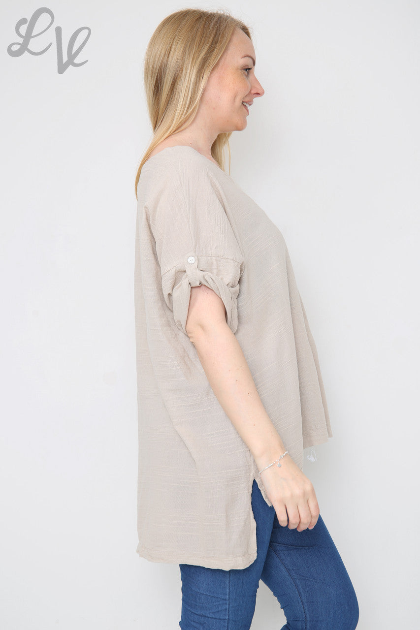 Dames linnen top met voorzak steen Eenheidsprijs € 9,99
