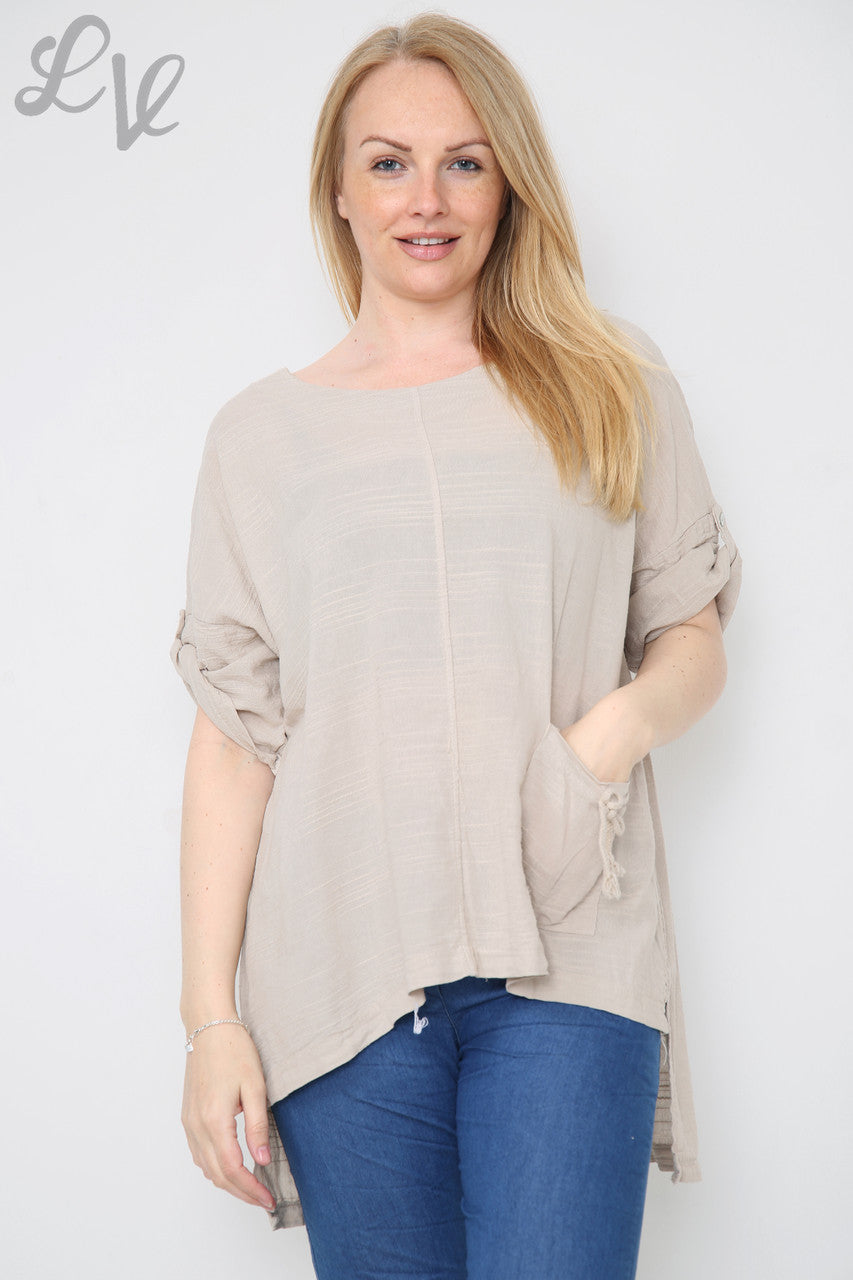 Dames linnen top met voorzak steen Eenheidsprijs € 9,99