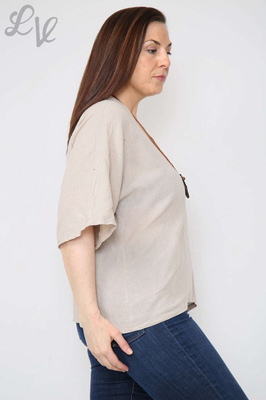 Ladies Linen Plain V-Neck Top With Necklace Stone Unit Price £9.99
