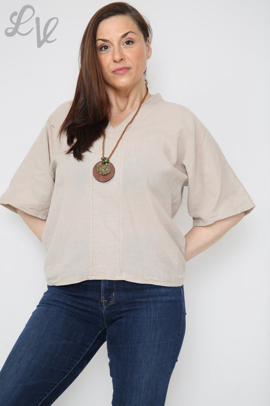 Ladies Linen Plain V-Neck Top With Necklace Stone Unit Price £9.99