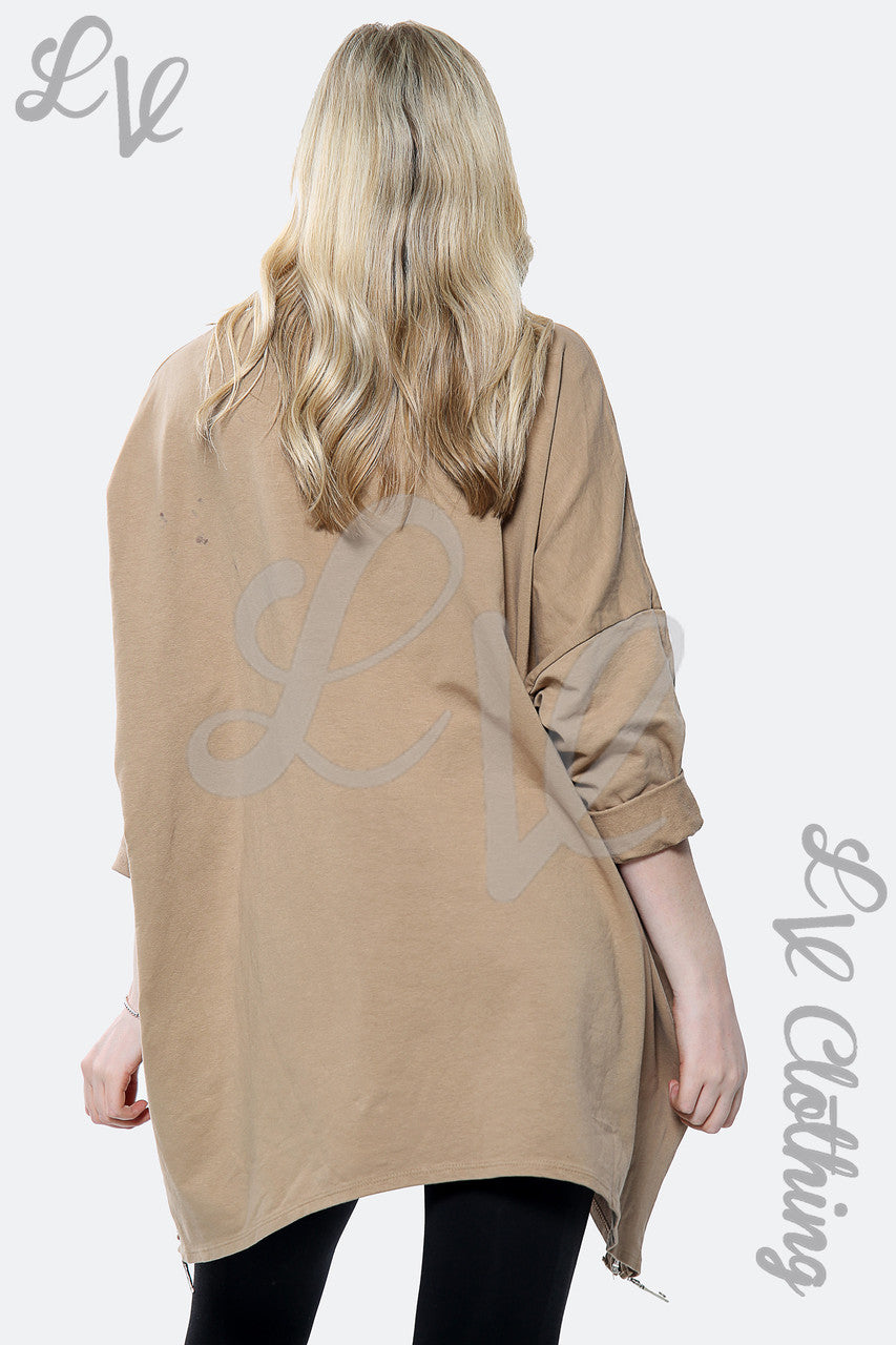 Dames Zilveren CC Print Batwing Oversized Top Tan Stukprijs € 15,99