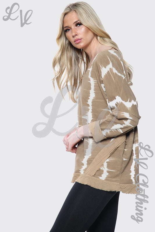 Women’s tie-dye V-neck oversized top, tan with white swirl, long sleeves