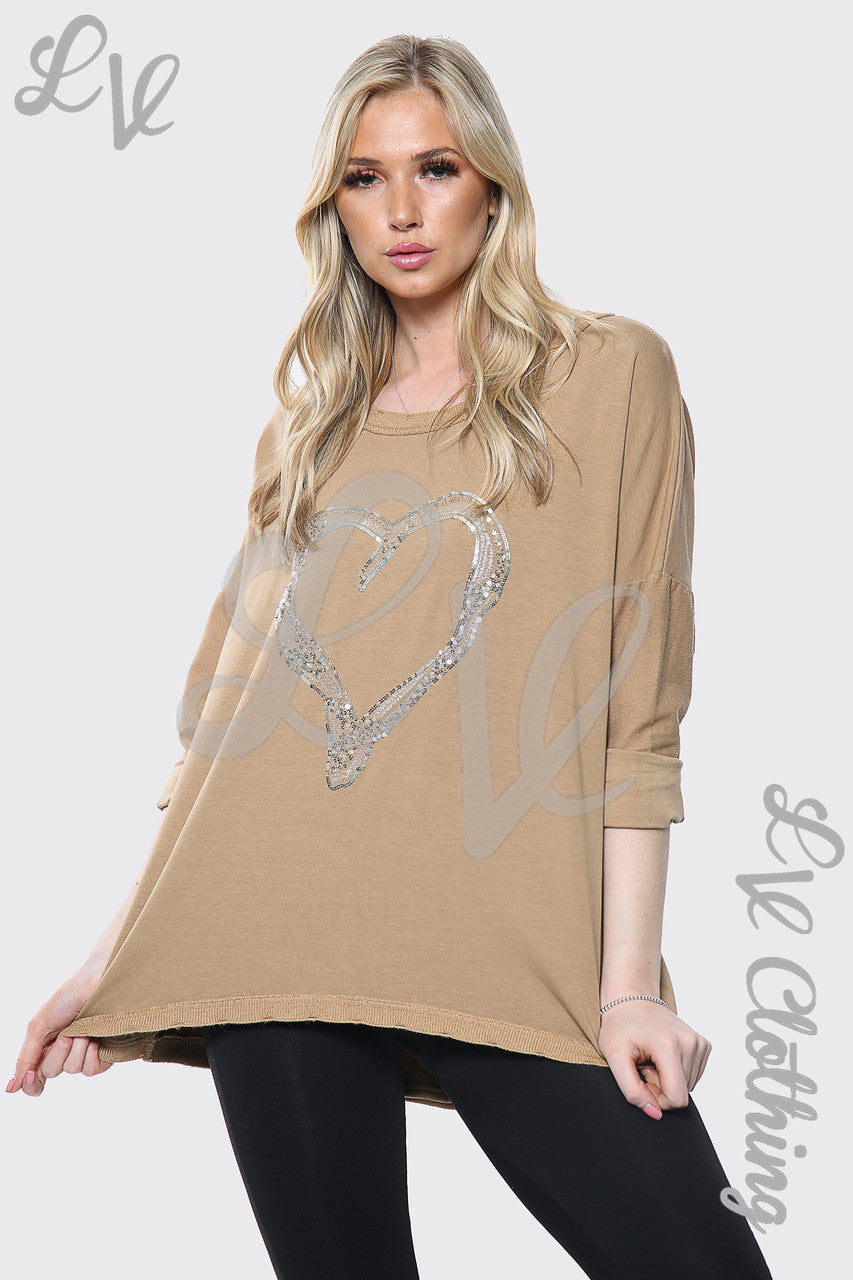 Dames Zilver Hart Print Italiaanse Top Tan Stukprijs €17,99