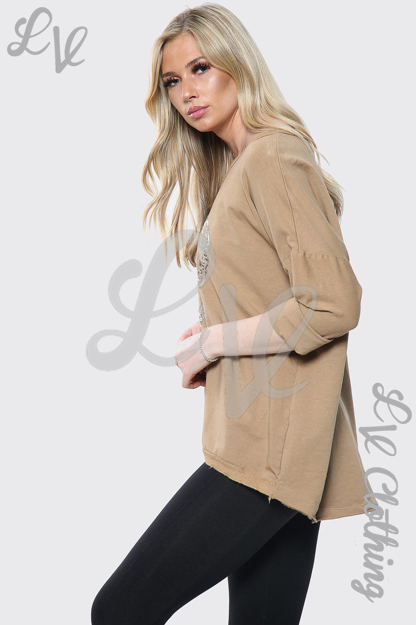 Dames Zilver Hart Print Italiaanse Top Tan Stukprijs €17,99