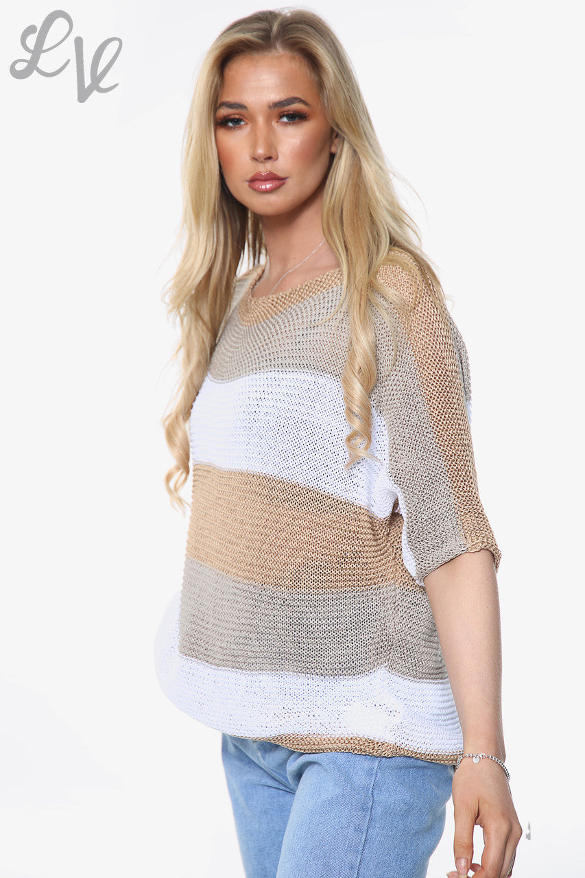 Dames Fijntricot Top met Kleurblokken Tan Stukprijs €9,99
