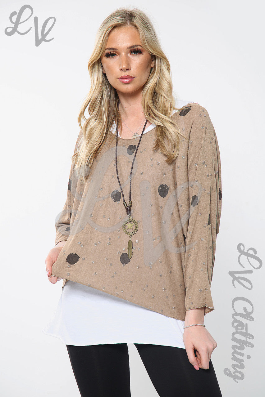Dames Tweekleurige Top Met Stippenprint En Ketting Tan Stukprijs £11.99