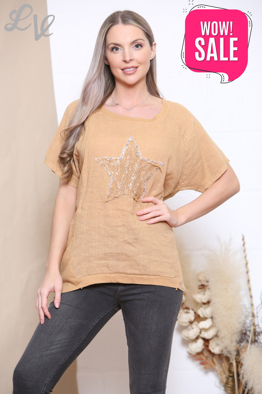 Dames Mesh Top met Pailletten Sterretjes in Tan