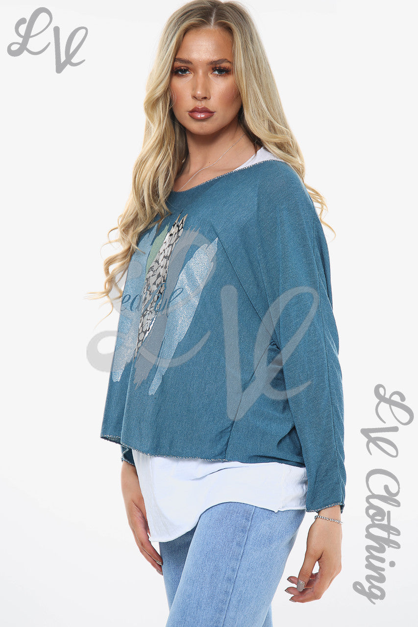 Ladies Beautiful Slogan 2 Layer Top Teal Unit Price £10.99