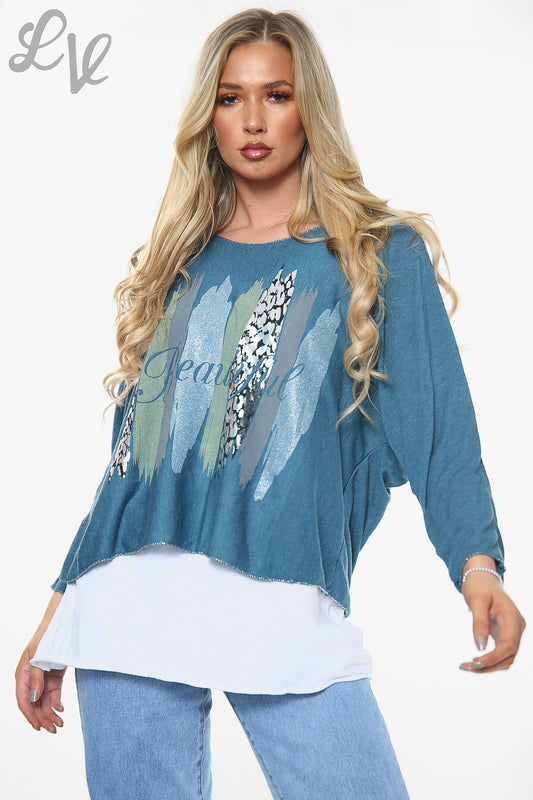 Ladies Beautiful Slogan 2 Layer Top Teal Unit Price £10.99