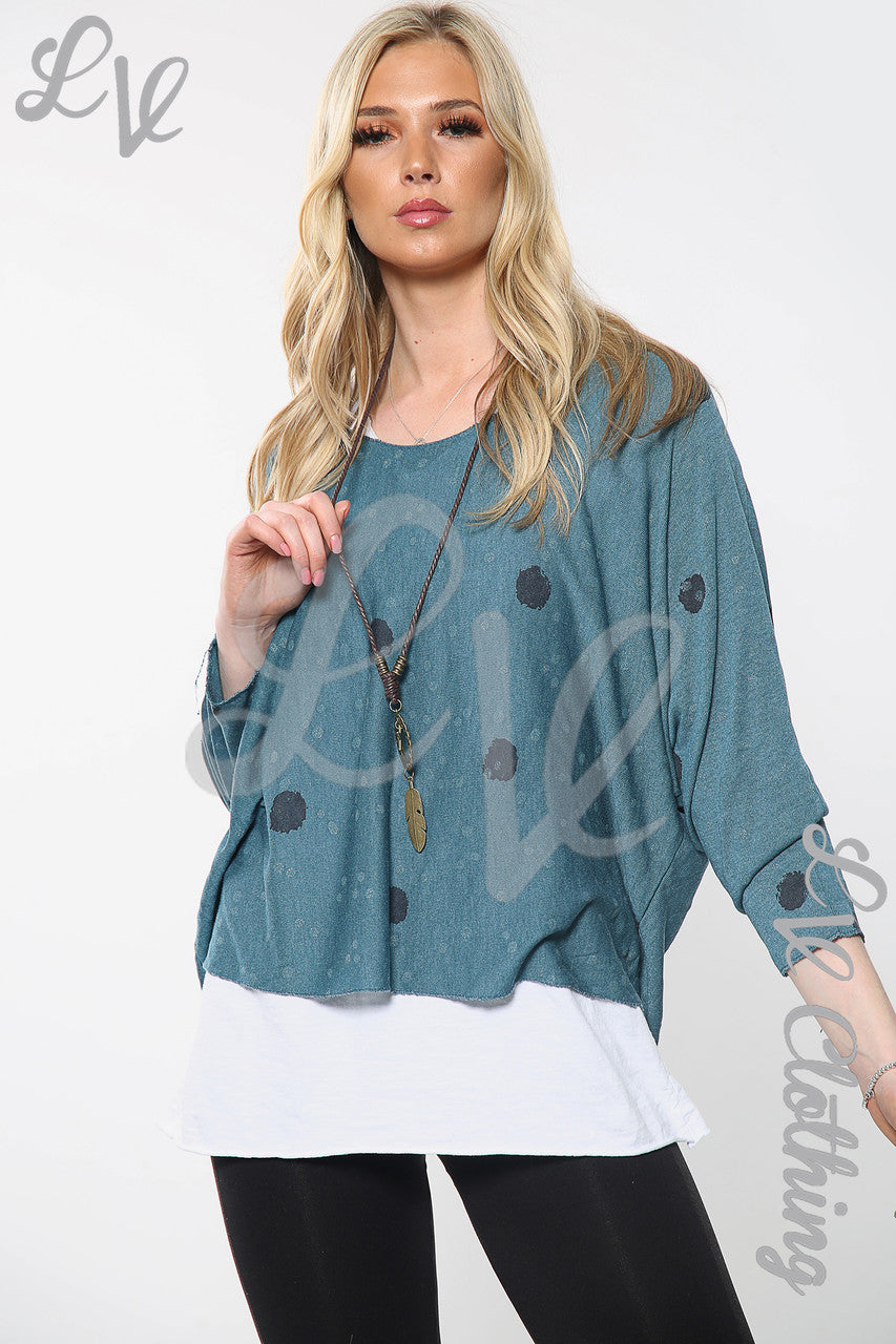 Dames Top met dubbele laag, stippenprint en halsketting Tealkleurige eenheidsprijs €12,99