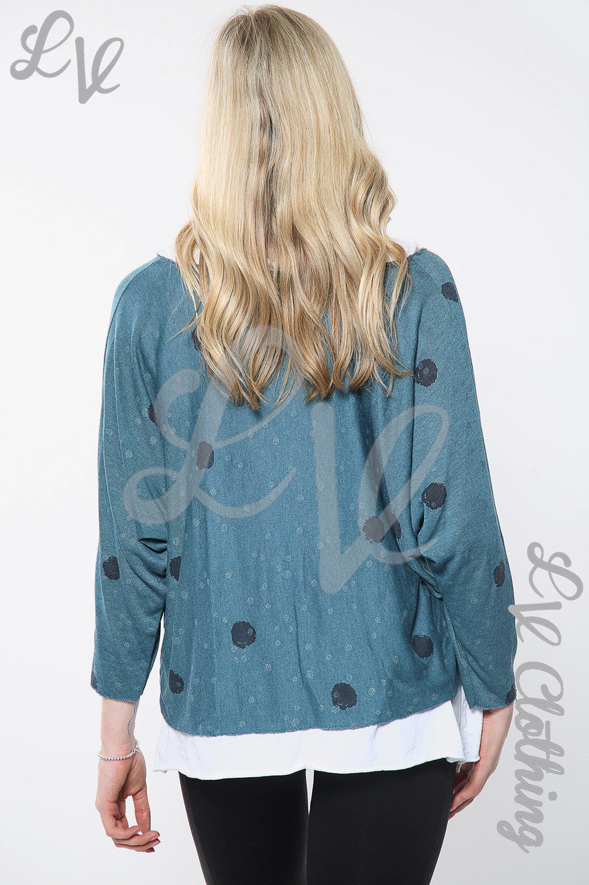 Dames Top met dubbele laag, stippenprint en halsketting Tealkleurige eenheidsprijs €12,99
