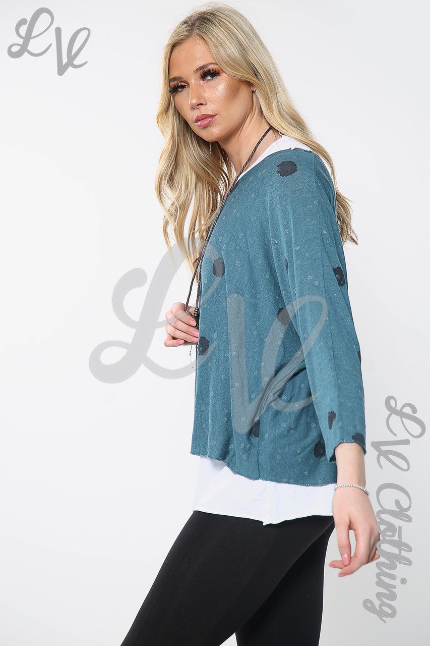 Dames Top met dubbele laag, stippenprint en halsketting Tealkleurige eenheidsprijs €12,99