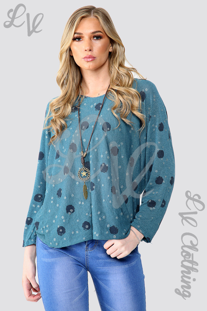 Ladies Spotty Top With Necklace Teal - Unit Price £10.99