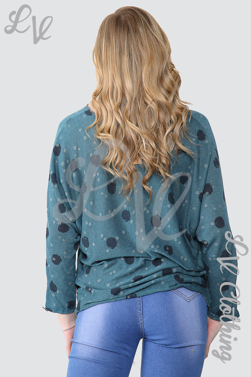 Ladies Spotty Top With Necklace Teal - Unit Price £10.99
