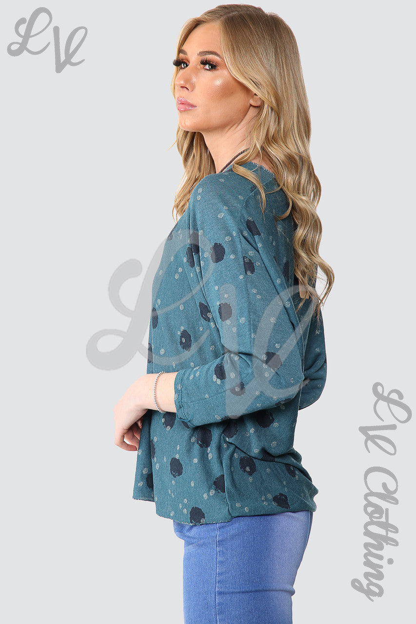 Ladies Spotty Top With Necklace Teal - Unit Price £10.99