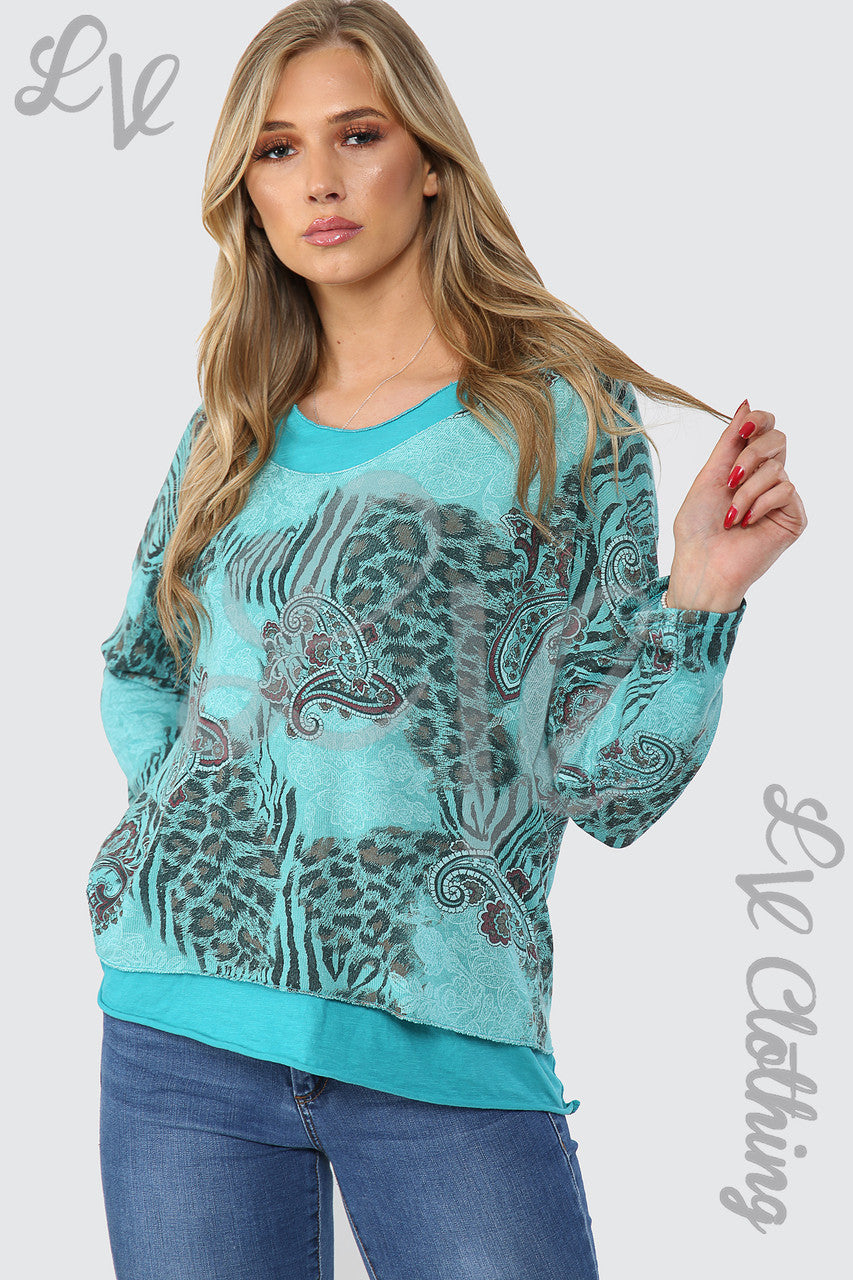 Dames Top met Mixprint en 2 Lagen Petrol - Stukprijs €12,99