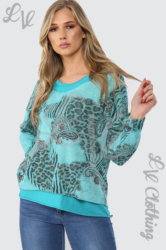 Ladies 2-layer mix print top in teal with long sleeves, crew neckline