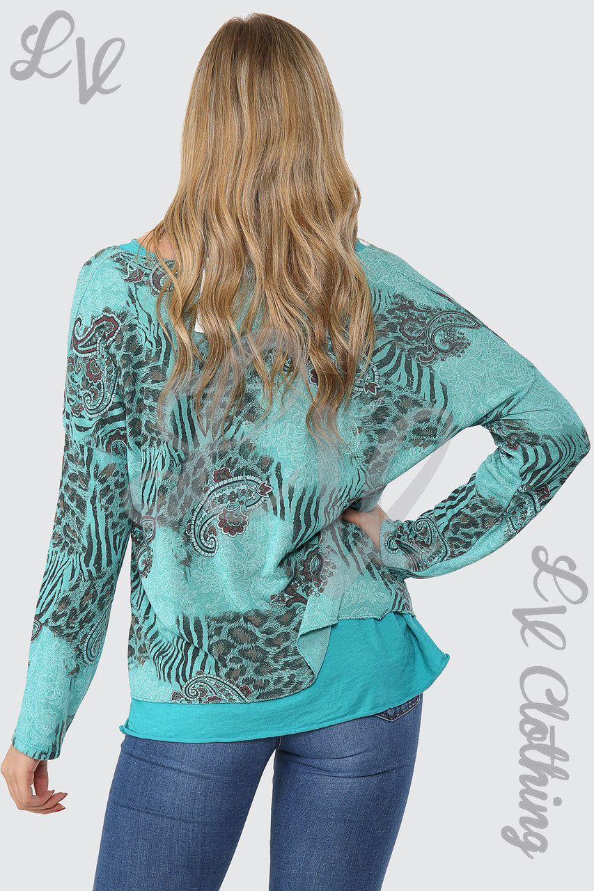 Dames Top met Mixprint en 2 Lagen Petrol - Stukprijs €12,99