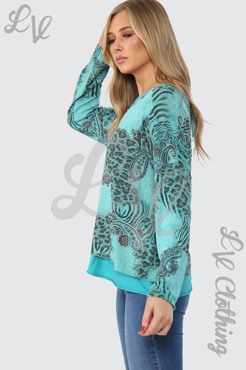 Dames Top met Mixprint en 2 Lagen Petrol - Stukprijs €12,99