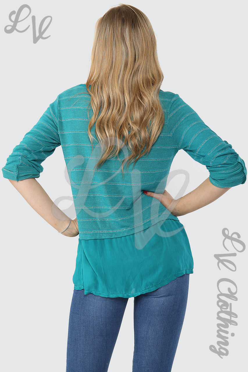 Ladies Lurex Stripe Top With Button Detail Teal - Unit Price £12.99
