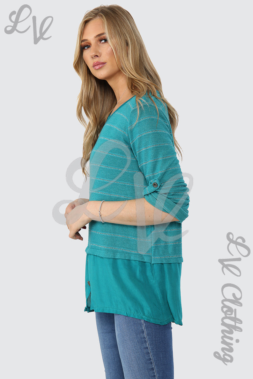 Ladies Lurex Stripe Top With Button Detail Teal - Unit Price £12.99