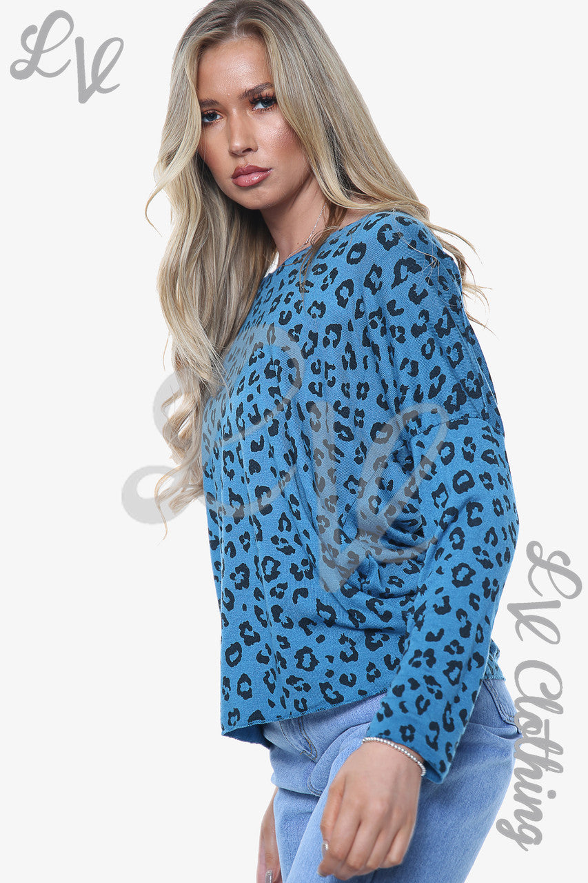Ladies Leopard Ditsy Print Fine Knit Top Teal Unit Price WAS £10.99 NOW £8.24