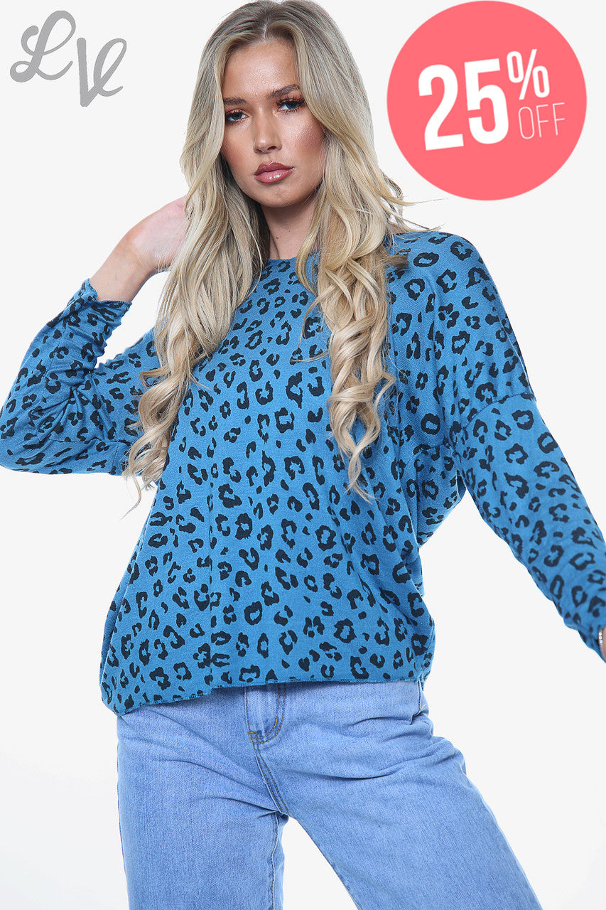 Ladies Leopard Ditsy Print Fine Knit Top Teal Unit Price WAS £10.99 NOW £8.24