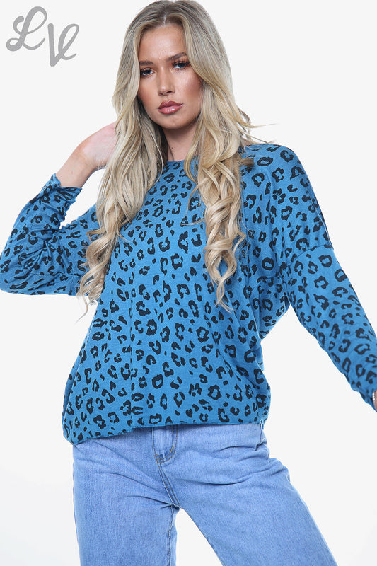 Ladies Leopard Ditsy Print Fine Knit Top Teal Unit Price WAS £10.99 NOW £8.24