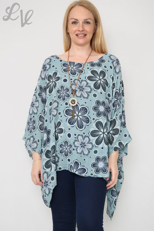 Ladies Flowers Print Batwing Top Tiffany