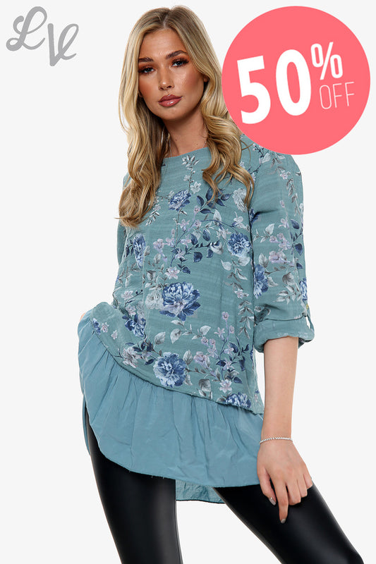 Ladies Floral Print Top With Frill Bottom Tiffany Unit Price WAS £12.99 NOW £6.49