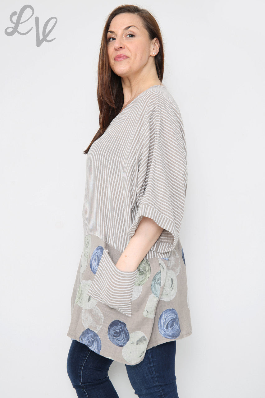 Dames Top met Strepen & Cirkelprint Taupe Stukprijs € 8,99