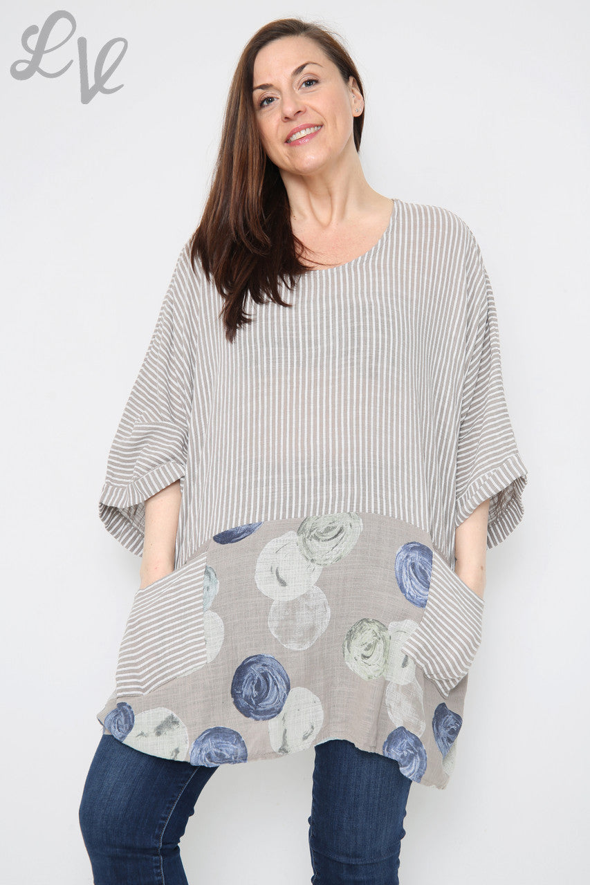 Dames Top met Strepen & Cirkelprint Taupe Stukprijs € 8,99