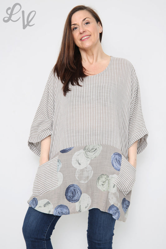 Ladies Stripes & Circles Print Top Taupe Unit Price £8.99