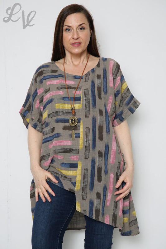 Ladies Paint Stripes Print Asymmetrical Top Taupe Unit Price £8.99