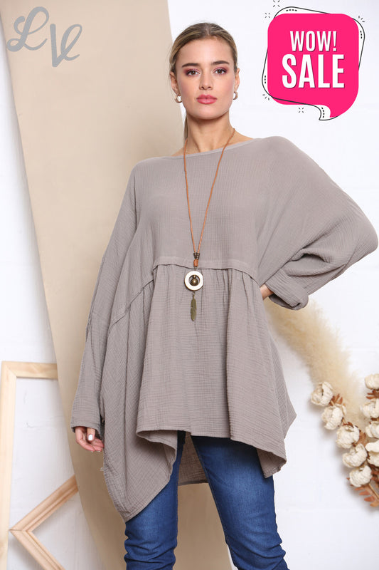 Dames Lagenlook Floaty Top Met Ketting Taupe