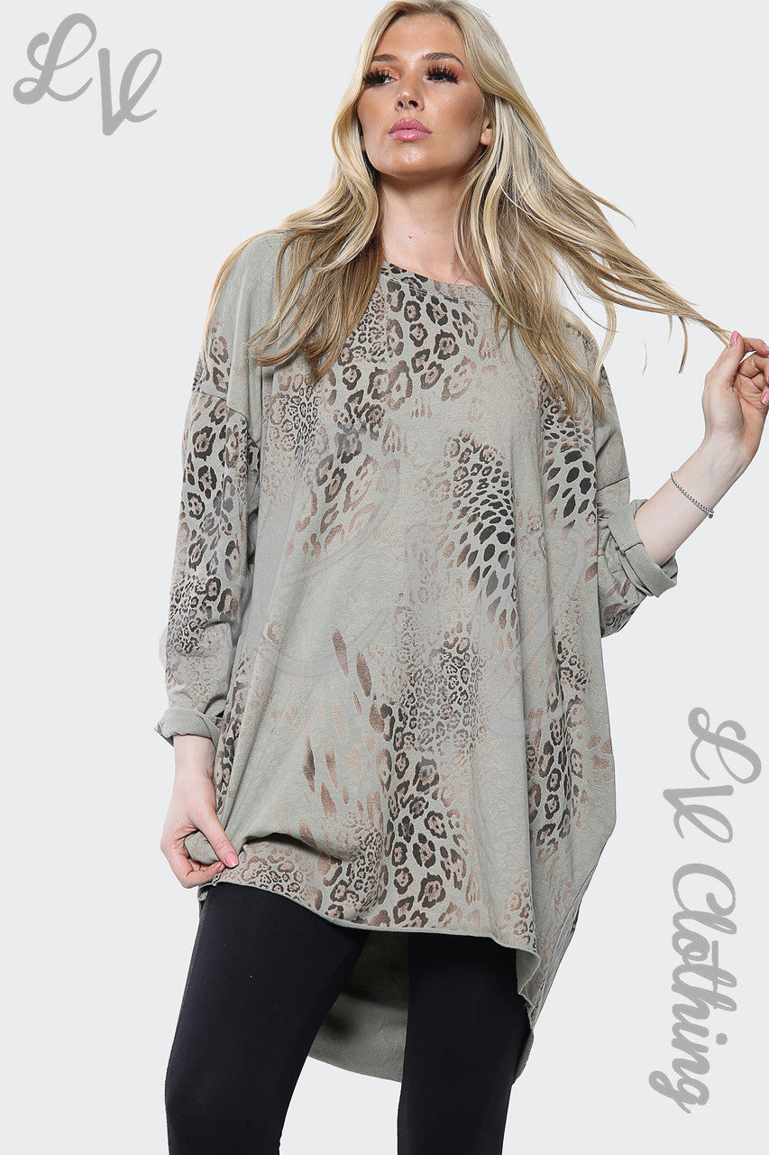 Dames Luipaardprint Italiaanse Oversize Vleermuismouwentop Taupe Stukprijs €16,99
