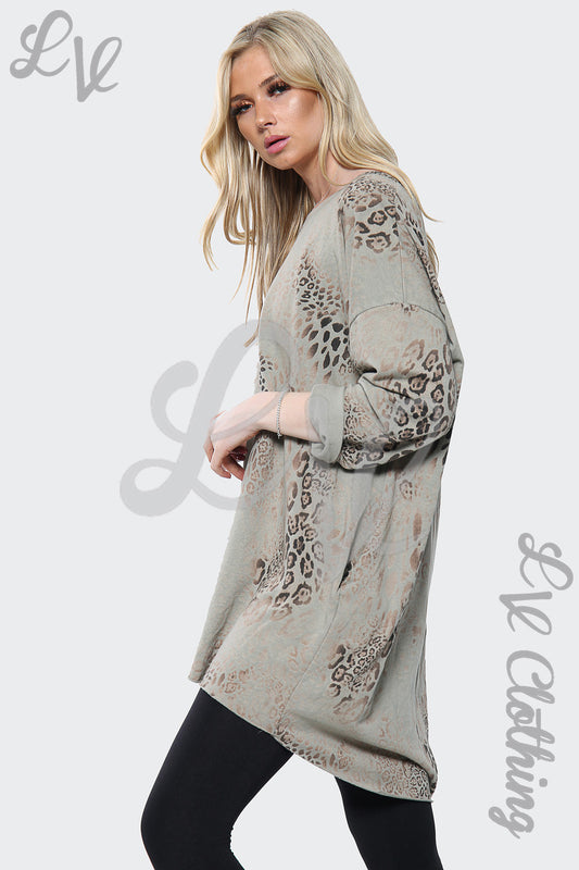 Taupe leopard print oversize batwing top with draped sleeves and V neckline