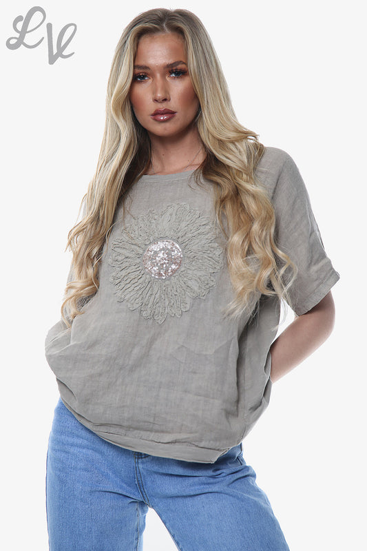 Ladies Linen Flower Applique Top Taupe Unit Price £12.99