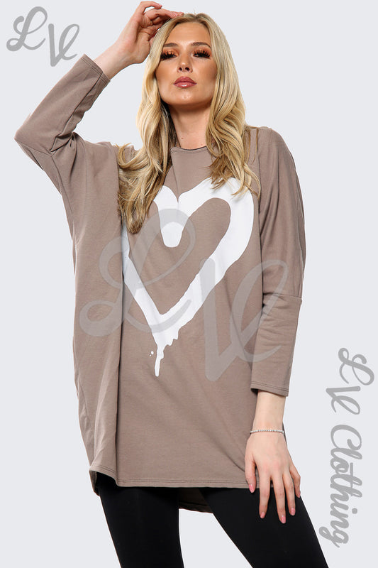 Taupe long-sleeve slogan top with large white heart print