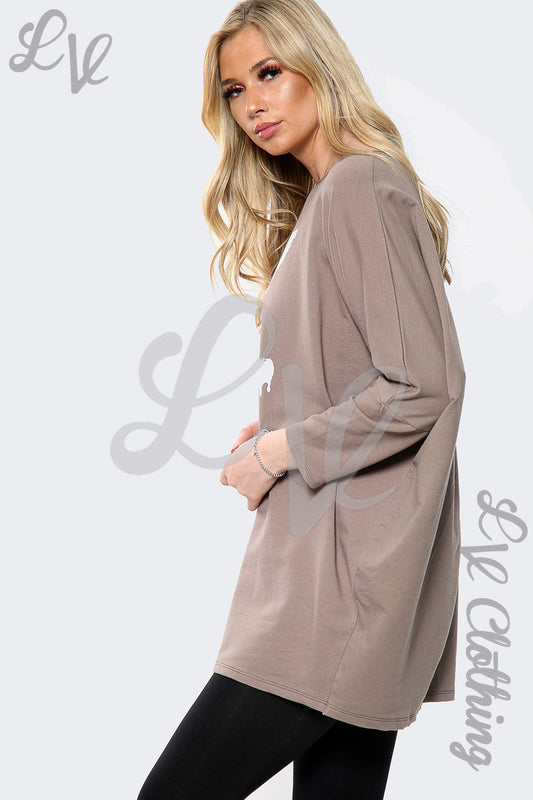 Taupe long-sleeve slogan sweatshirt with 'Love your Self' print, side view