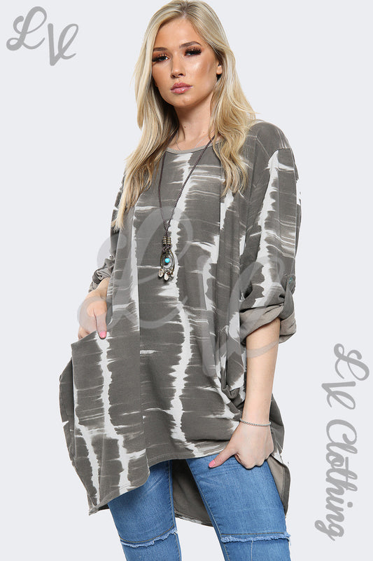 Taupe tie-dye oversized hi-lo top with long back hem and necklace pendant
